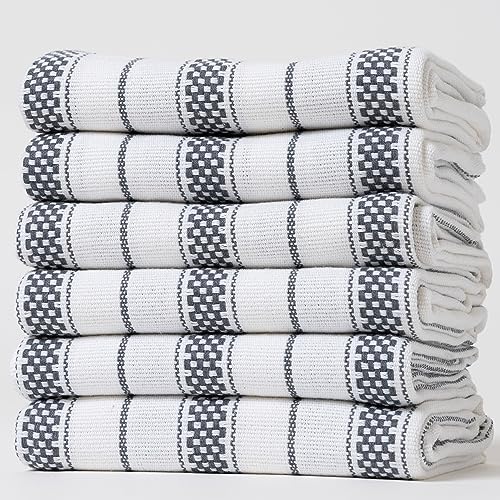 Kitchen Towels Set – Pack of 6 (20’’ x 30’’) Extra Large Premium Cotton Dish Towels for Kitchen – Chain Stripe Towels – Absorbent – 100% Cotton – with Hanging Loop – Dark Grey - color: Dark Grey Chain Striped, size: Pack of 6