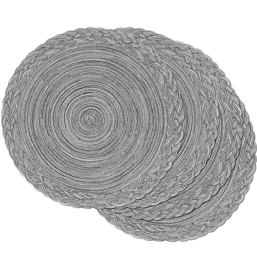 SHACOS Round Placemats Set of 4 Boho Braided Border 15 inch Circle Place Mats Washable Fabric Table Mats for Kitchen Dining Table, Gray - color: Gray, size: 4 pieces