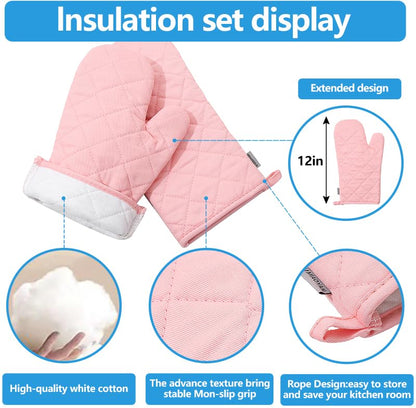 Oven Mitts and Pot Holders 4 pcs Set,High Heat Resistant 500 Degree Extra Thicken Long Kitchen Cotton Oven Glove for Cooking (12 Inch,Pink)… - color: Cotton-pink