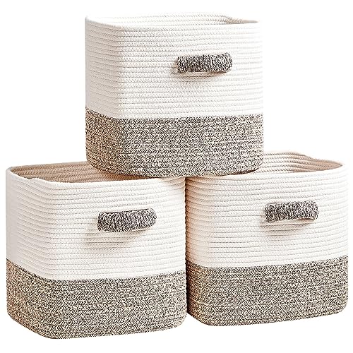 R RUNKA Storage Cube Baskets 3-Pack - 11 inch Square Baskets, Closet & Shelves Organizers - Woven & Drawer Storage - Ideal for Toys | White & Beige - color: White & Beige