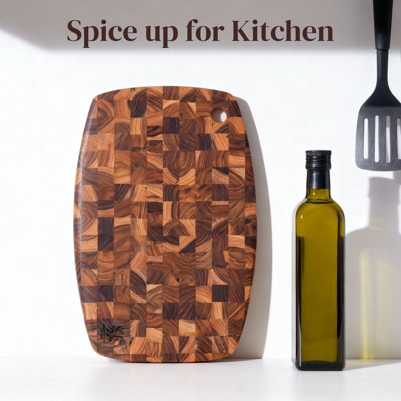 Teak Wood Oval End Grain Cutting Board 12" x 8" x 0.8", Small Solid Wood Kitchen Cutting Board for Fruit & Cheese Prep, Decorative Serving Board with Hanging Hole by New M Way