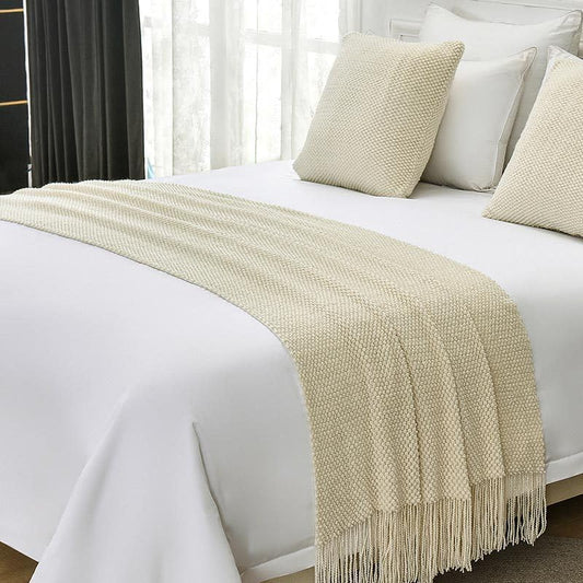 Cotton Knit Bed Runners King Size,Decorative Boho Bed Scarf with Tassel,Soft Solid Color Woven Beds Throw Blanket for Bedroom Home Hotel (Beige 45x45cm/only Pillowcase) - color: Beige, size: 45x45cm/only pillowcase