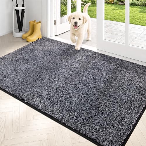 PURRUGS Dirt Trapping Indoor Door Mat, 34" x 59", Bluish Grey-Black | Machine Washable, Non-Slip, Waterproof TPR Backing, Super Absorbent, Low Profile, Entryway Rug for Muddy Paws and Shoes - color: Bluish Grey-black, size: 34" X 59"