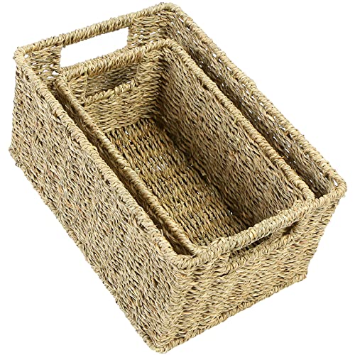 HOONEX Wicker Baskets for Storage, Seagrass Baskets with Dual Handles, Woven Baskets for Shelves, Set of 2, Natural - color: Natural (Seagrass), size: 12 x 8 x 6 inches