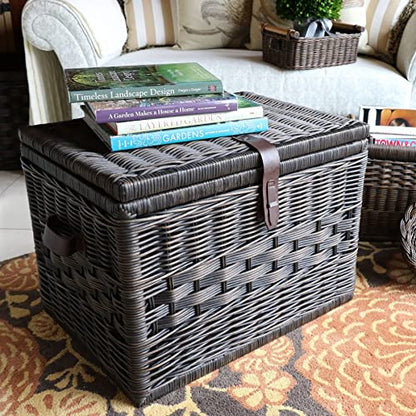 The Basket Lady Deep Wicker Storage Trunk, XL, Walnut Brown | Outside: 30" L x 21" W x 20.5" H | Inside: 28”L x 19”W x 18.5”H - Handcrafted by artisans from natural rattan - color: Antique Walnut Brown, size: XL