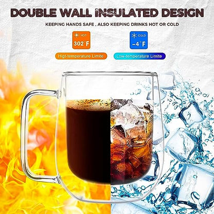 2 Pack Double Wall Insulated Coffee Mugs 8 oz | Clear glass coffee mugs espresso with handle Perfect for Americano, Latte, Cappuccino, Espresso, Beverage and Tea
