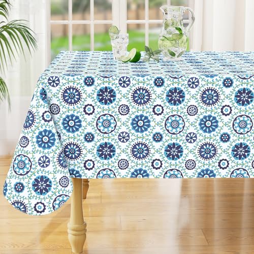 Rectangle Waterproof Vinyl Table Cloth, Wipeable Tablecloth with Flannel Backing, Plastic Table Cover for Dinner, Picnic, Indoor and Outdoor (Navy Mandala, 52" x 70") - color: Navy, size: 70" x 52" (Rectangular)