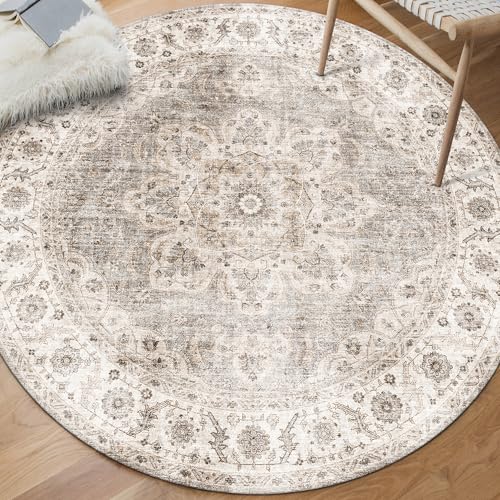 Machine Washable Area Rug - Living Room Bedroom Bathroom Kitchen Entryway Office - Padded Low Pile Stain Resistant Premium - Boho Farmhouse Vintage - Joy - Beige Ivory 6' Round - color: Bev - Beige Tan Brown, size: 6' (Round)