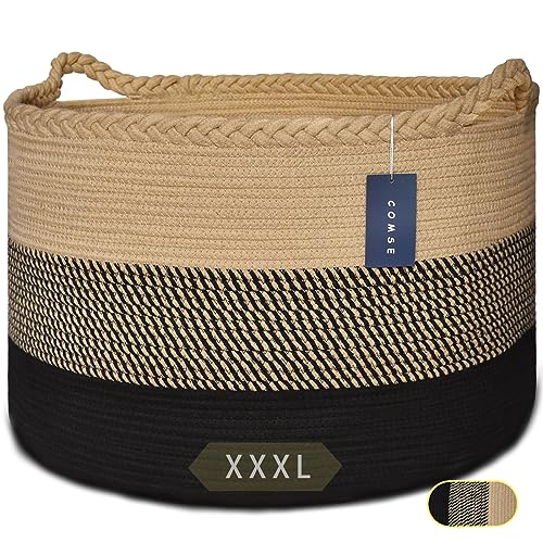 COMSE XXXLarge Woven Blanket & Laundry Basket, 87L, Brown & Black | 21.7" x 13.8", Cotton Rope, Nursery Hamper for Storage of Toys Clothes Towels, Ideal for Living Room Bedroom Bathroom - color: Brown & Black