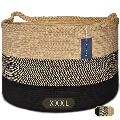 COMSE XXXLarge Woven Blanket & Laundry Basket, 87L, Brown & Black | 21.7" x 13.8", Cotton Rope, Nursery Hamper for Storage of Toys Clothes Towels, Ideal for Living Room Bedroom Bathroom - color: Brown & Black