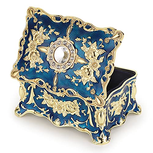 Hipiwe Small Vintage Jewelry Box, Enameled Trinket Box Organizer for Women | Rectangular Treasure Chest Box Jewelry Decorative box Keepsake Gift Box Case, 3.7x 2.7x 2 inch - color: Blue, size: Small