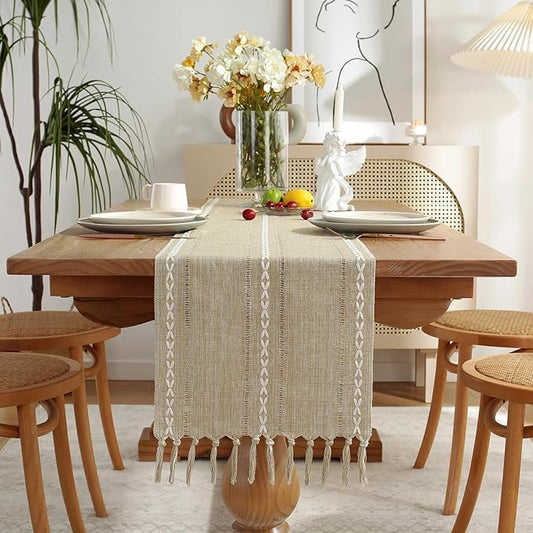 Wracra Rustic Linen Table Runner, Coffee Table Runners 48 inches Long | Raised Embroidered Hollow Design and Hand-Tassels;Cotton Linen Woven Fabric; Farmhouse Table Runner;Home Dining Decor - color: Hemstitched Coffee, size: 13"×48"