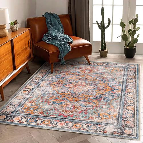 CHAMPLANT Washable Area Rug 3'x5' Rugs for Living Room Retro Flowers Machine Non-Slip Bedroom Vintage Trellis Distressed Carpet for Dining Room Office - color: Blue and Yellow, size: 3' x 5' (Rectangular)