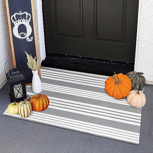 Front Door Mat Outdoor Doormat 24"x36" Fall Striped Outdoor Rugs | Washable Front Door Rug Gray and White Door Mat Outside Entrance Cotton Woven Welcome Mats Small Area Rugs for Porch/Entryway - color: Gray/White Stripe, size: 2' x 3' (Rectangular)