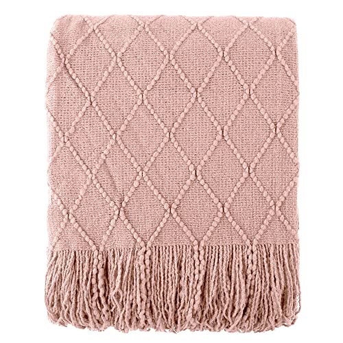 BATTILO HOME Blush Throw Blanket with Tassels, Pink Knit Blanket for Home Decor, Boho Style Textured Knitted Decorative Blanket for Couch, Sofa &Bed, 50"x60" - color: Pink, size: 50 x 60 in.