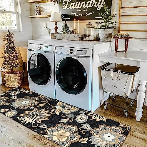 Lahome Floral Washable Runner Rug - 2x6 Runners for Hallways Non-Slip Low-Pile Kitchen Rug, Black Paisley Print Carpet for Laundry Bedroom Entryway （(2’X 6’, Blacak) | Low-Pile Kitchen Rug, Black Paisley Print Carpet for Laundry Bedroom Entryway (2' x 6',