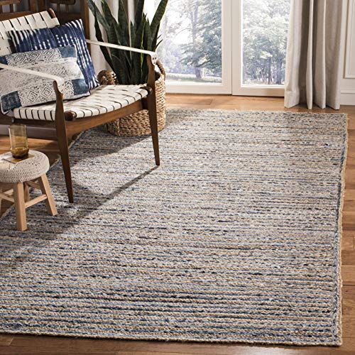 SAFAVIEH Cape Cod Collection Area Rug - 3' Square, Natural & Blue, Handmade Flat Weave Jute, Ideal for High Traffic Areas in Living Room, Bedroom (CAP250A) - size: 3' x 3' (Square)