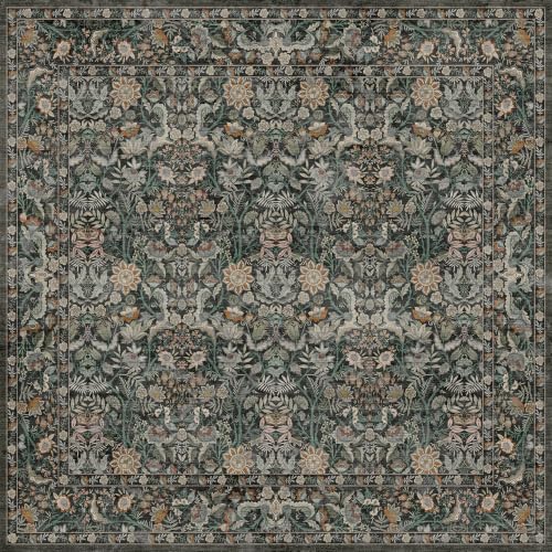 Vintage Botanical 7x7 Square Rug: Floral Carpet Non-Slip - Dark Green | Classic Dark Tone Pattern Fits Large Open Layout Rooms - Washable, Stain Resistant, Low Pile for Living Room Pet Friendly - color: Dark Green, size: 7' x 7' (Square)