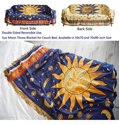 Erke Sun Blanket Hippy Celestial Couch Sheet Cover Wicca Home Decor 70"x90" | Sun Moon Witchy Hippie Decoration, Double Sided Cotton Woven 90s’ Throws Blankets for Couch Bed - size: 70" x 90"
