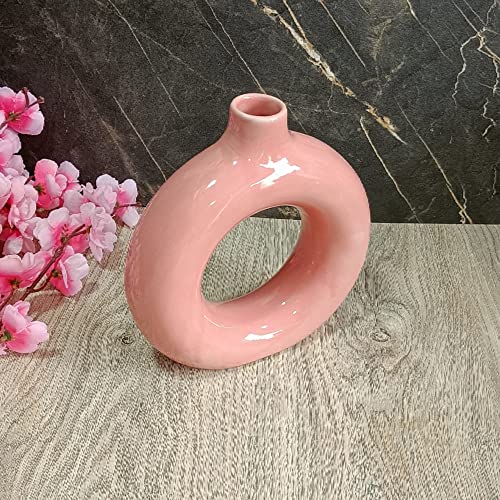 India Meets India Ceramic Vase [Pink], Ceramic Donut Circle Vase, Decorative Hollow & Pampas Dried Flowers Vase for Home Decoration/Living Room/Bedroom/Office/Table/Bookshelf, 8"