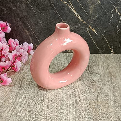 India Meets India Ceramic Vase [Pink], Ceramic Donut Circle Vase, Decorative Hollow & Pampas Dried Flowers Vase for Home Decoration/Living Room/Bedroom/Office/Table/Bookshelf, 8"