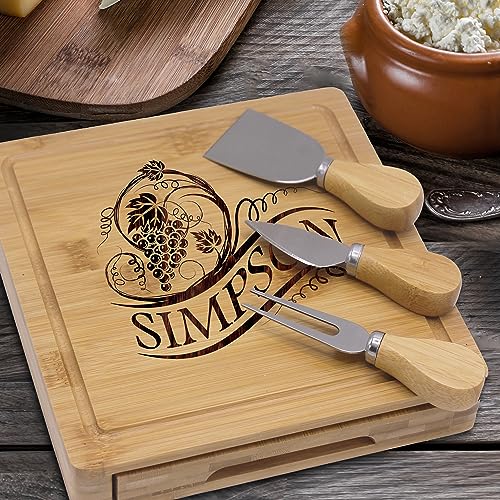 My Personal Memories Customized Engraved Cheese Board Tray and Knife Tools Set - Custom Monogrammed (Bamboo - Name Initial Style)