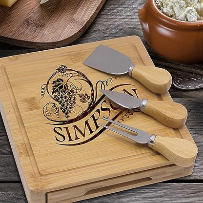 My Personal Memories Customized Engraved Cheese Board Tray and Knife Tools Set - Custom Monogrammed (Bamboo - Name Initial Style)