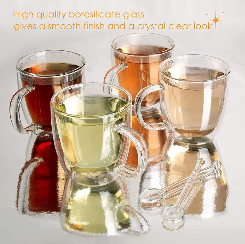 Moss & Stone Set of 4 Double Wall Glass Cup Clear Mug, Double Walled Coffee Mugs 7.4 Oz, Glass Tea Mugs, Insulated Coffee Mug With Handle & 2 Glass Spoons, Cappuccino Cups Set - style: 4 Cups with 2 Spoons