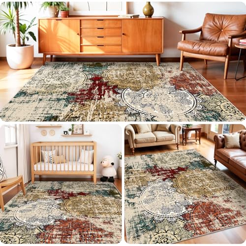 Washable 4x5 Area Rug Abstract: Red Soft Non-slip Mat Bathroom Households | Low Pile Mandala Floor Carpet Easy Cleaning Bedside Accent Small Entryway Foyer Kitchen Spot mat Apartment Condo Dwellers - color: Red/Green/Multi, size: 4' x 5' (Rectangular)