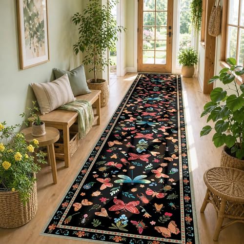 2x10 Black Floral Runner Rug for Hallways Kitchen | Soft,Machine Washable & Non Slip,Low Pile,Ideal for Girls Room, Nursery,Kids Room - color: Black, size: 2' x 10' (Rectangular)