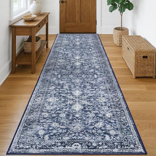 KILOCOCO Runner for Hallway 3x10 ft Washable Runner Non-Slip Rug, Blue | Printed Hallway Runners Rug, Non Skid Kitchen Runner Rug, Low Pile Runner for Bedroom Living Room, Soft Floral Hall Runners - color: Blue/Navy/White, size: 3' x 10' (Runner)