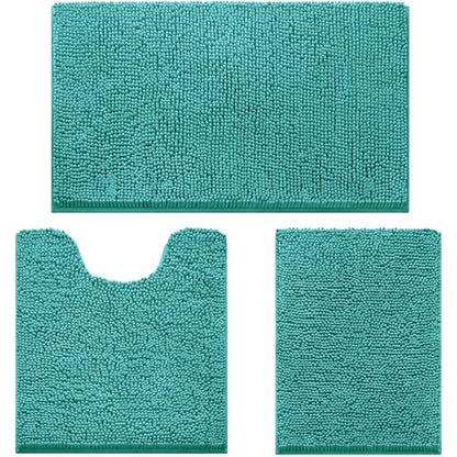 HOMEIDEAS 3 Pieces Bathroom Rugs, Ultra Soft Non Slip Absorbent Chenille Toilet Bath Mat Set (Teal) - color: Green-teal, size: 17"x24"+20"x32"+U Shape 20"x24"