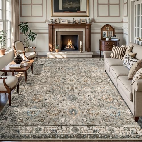 Tangsoo Washable 7x10 Area Rugs for Living Room,Boho Beige Floral Large Rug | Vintage Farmhouse Neutral Rug Non Slip,Soft Low Pile Gray Area Rug Big Carpet for Bedroom Office Dinning Room Laundry Room - color: Distressed Beige Grey, size: 7' X 10' (Rectan