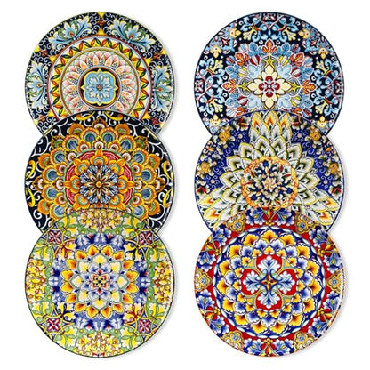 vancasso Salad Plates Set of 6, 8.5 Inch Ceramic, Microwave Safe | Dessert and Small Dinner Plates, Colorful Bohemian Style Plates for Kitchen - size: 8.5in