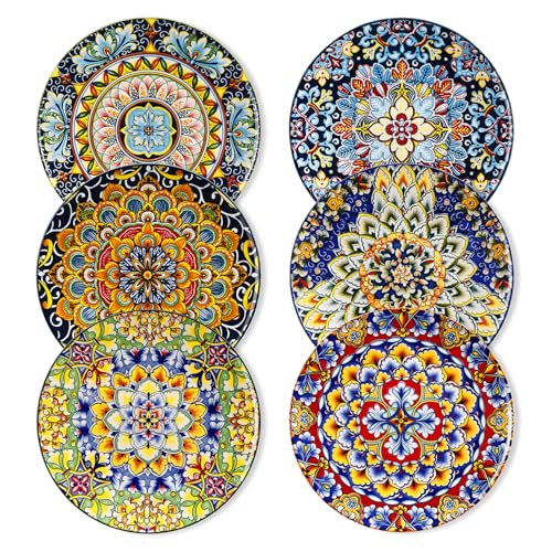vancasso Salad Plates Set of 6, 8.5 Inch Ceramic, Microwave Safe | Dessert and Small Dinner Plates, Colorful Bohemian Style Plates for Kitchen - size: 8.5in