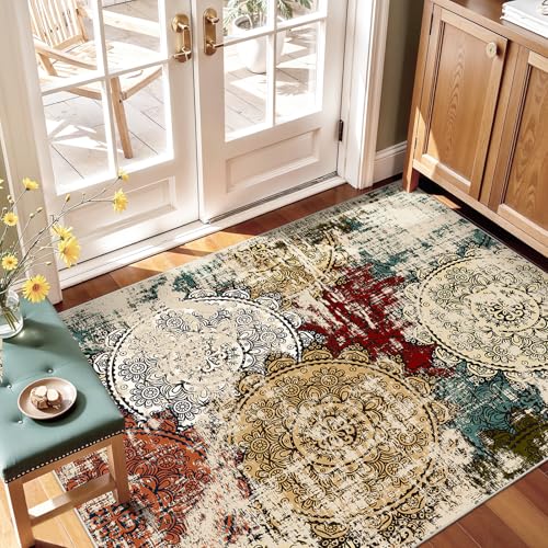 Entryway 3x4 Area Rugs Washable: Non-Slip Soft Bedside Accent Pet Owners | Mandala Stamped Abstract Low-Pile Stain Resistant Easy Cleaning Small Mat for Kitchen Bedroom Bathroom Home Decor Red Green - color: Red/Green/Multi, size: 3' x 4' (Rectangular)