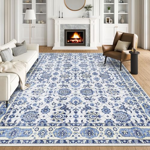 BLISSA 8x10 Washable Living Room Area Rug Delft Blue Boho Rugs for Bedroom | Large Distressed Soft Vintage Oriental Floral Retro Carpet Accent Rug for Dining Room Under Table Home Office Decor - color: Delft Blue, size: 8' x 10' (Rectangular)