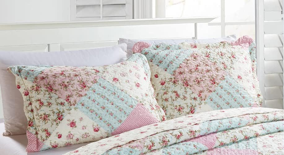 Brilliant Sunshine Pink & Green Roses Pillowshams Set, 20"x26"+2" | Patchwork Design, Quilted Standard Pillowcases, Washable Scallop Edge Pillow Covers, Pack of 2 - color: Pink Green, size: 20 x 26 inches