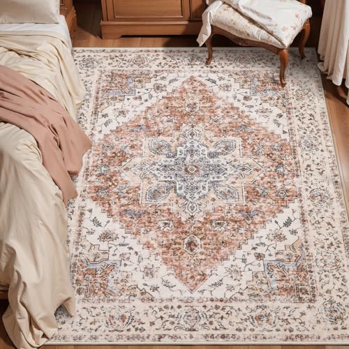 Ciicool Washable 3x5ft Area Rug,Boho Soft Non-Slip for Kitchen Entryway | Vintage Low-Pile Distressed Stain Resistant Pet & Kids Friendly Entry Carpet for Bedroom Bedside Living Room Home Decor - color: Vintage Cream/Brick, size: 3' x 5' (Rectangular)