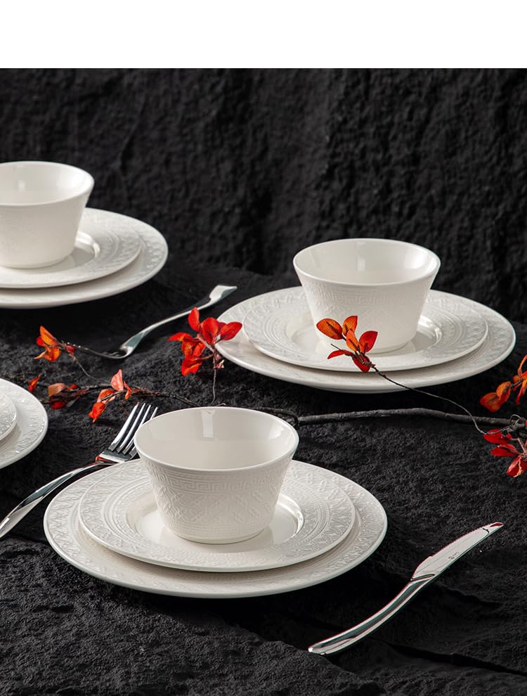 4-piece set, ceramic tableware set, relief plate and bowl set, microwave and dishwasher compatible tableware set, shatterproof and scratch resistant dinner set, irregular edge design, white - color: style - 6