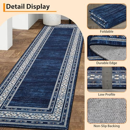 Modern Washable Runner Rug 2x6 Non Slip Bordered Solid Area Rugs, Washable Kitchen Mats Bedside Rug, Stain Resistant Soft Bathroom Carpet, Foldable Runners for Hallways, Entryways, Blue | Non Slip Non Shedding Stain Resistant Neutral Textured Solid Foldab