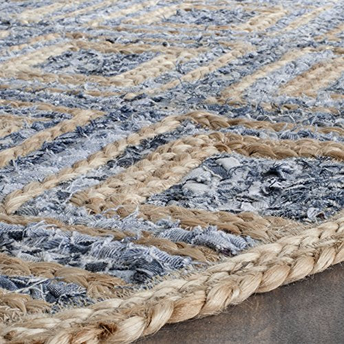 SAFAVIEH Cape Cod Collection 4' Round Natural/Blue CAP354A Handmade Flatweave Boho Coastal Diamond Braided Premium Jute & Denim Entryway Foyer Living Room Bedroom Kitchen Area Rug - color: Natural/Blue, size: 4' (Round)