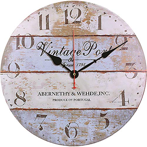 TAHEAT 14 Inch Vintage Port Pattern Wall Clock, Retro Rustic Country Clocks, Round Wooden Silent Non Ticking Wall Clock, Battery Operated Easy to Read Decorative Clocks - color: Vintage Port Pattern, size: 14 Inch