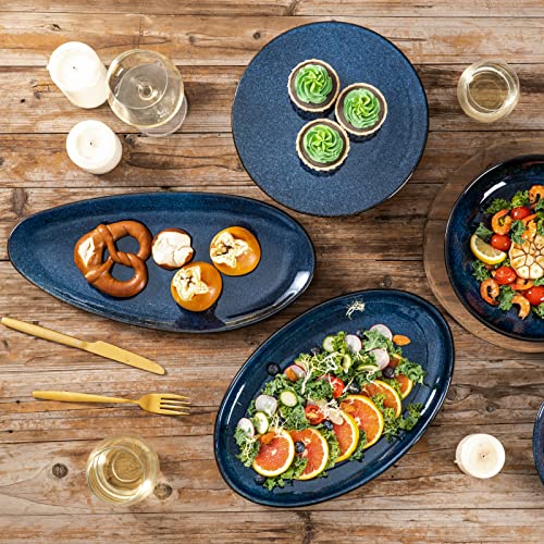 vicrays Large Oval Serving Platters, 16"/14"/10" Porcelain Serving Platters for Party, BBQ,Stackable Serving Trays Serving Plates for Appetizers, Sushi, Restaurant, Dessert, Set of 3 (Blue) - color: Blue