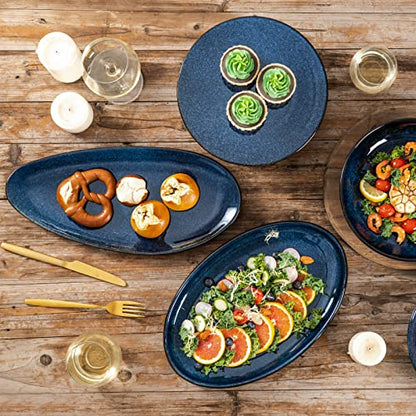 vicrays Large Oval Serving Platters, 16"/14"/10" Porcelain Serving Platters for Party, BBQ,Stackable Serving Trays Serving Plates for Appetizers, Sushi, Restaurant, Dessert, Set of 3 (Blue) - color: Blue