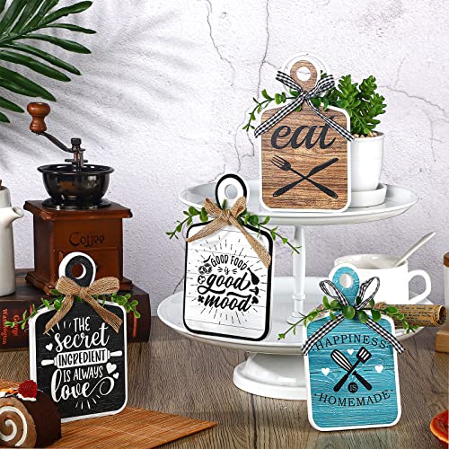 4 Pcs Wooden Kitchen Sign Rustic Kitchen Wall Decor | 3.5 x 5.9 Inch, Farmhouse Cutting Board Eat Sign Decor, Wood Wall Art Hanging Plaques for Home Dining Living Room Cafe