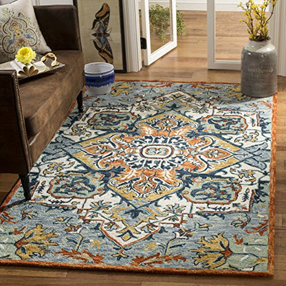 SAFAVIEH Aspen Collection Area Rug - 5' Square, Blue & Rust, Handmade Boho Wool, Ideal for High Traffic Areas in Living Room, Bedroom (APN312A) - size: 5' x 5' (Square)