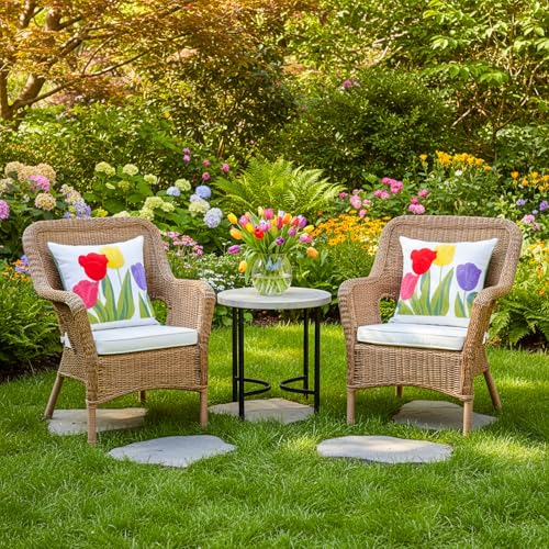 Hahafelt 2Pcs Spring Floral Embroidered Decorative Throw Pillow Covers 18"x 18" Tulip Flower Pillow Covers with Zipper Farmhouse Cushion Cases for Couch Bed Sofa Living Room Bedroom Decor Gift - style: Tulip