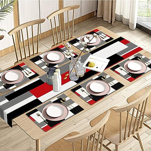 Emvency Table Runner and Placemats Set of 6, Modern Geometric Abstract | Red Black Art Dining Decor for Daily Use(1 Table Runner 72 inches Long and 6 Placemats) - color: Geometric Red