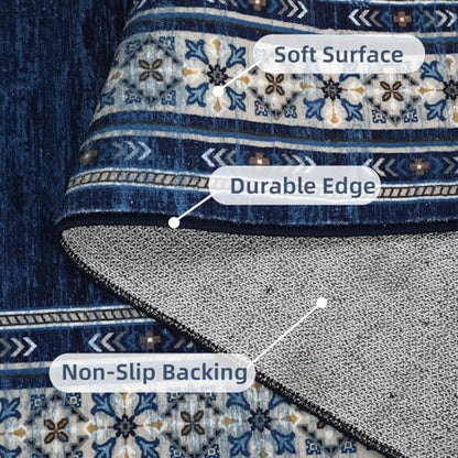 Modern Washable Runner Rug 2x6 Non Slip Bordered Solid Area Rugs, Washable Kitchen Mats Bedside Rug, Stain Resistant Soft Bathroom Carpet, Foldable Runners for Hallways, Entryways, Blue | Non Slip Non Shedding Stain Resistant Neutral Textured Solid Foldab